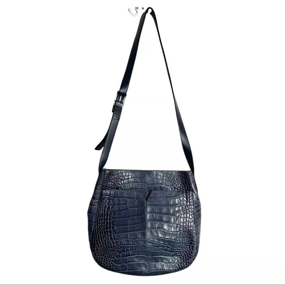 Vince Blue Shoulder Bag with Crocodile Embossed Design Cow Leather